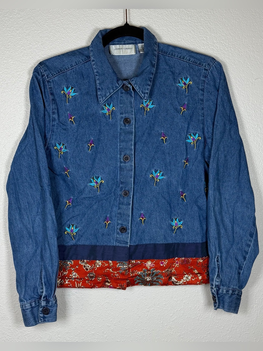 Vintage 90s Denim Shacket PM Floral Lotus Oriental Embroidered Outdoor Boho Art